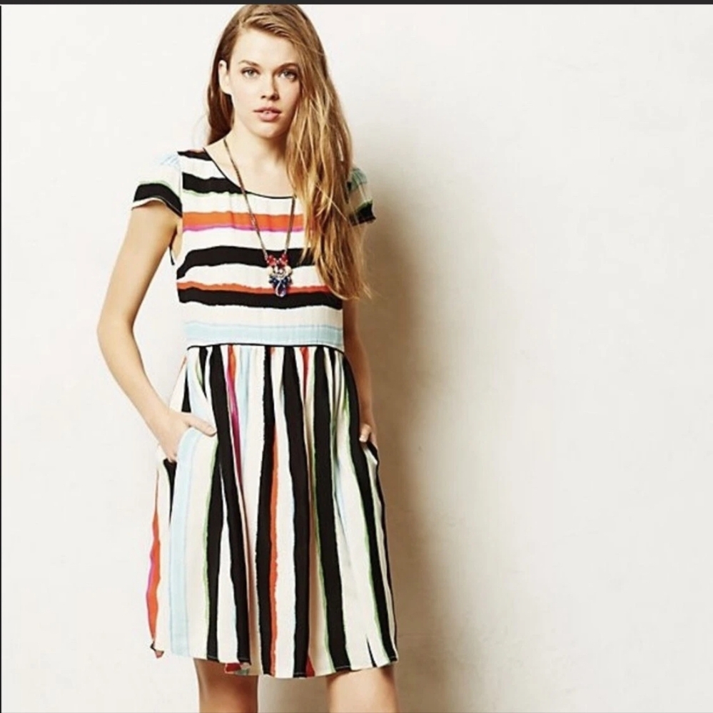 ANTHROPOLOGIE MAEVE Peralta Flared Stripe Dress Cap Sleeve Zip Back